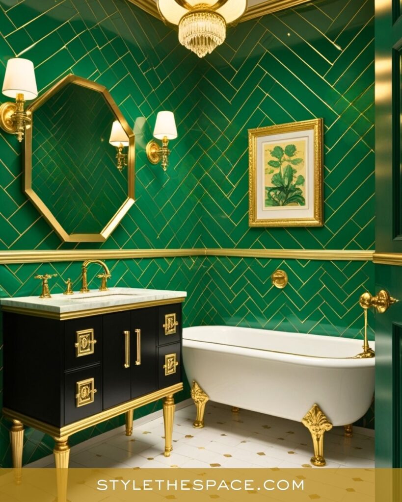 Glamorous Green and Gold Bathroom with Art Deco Flair
