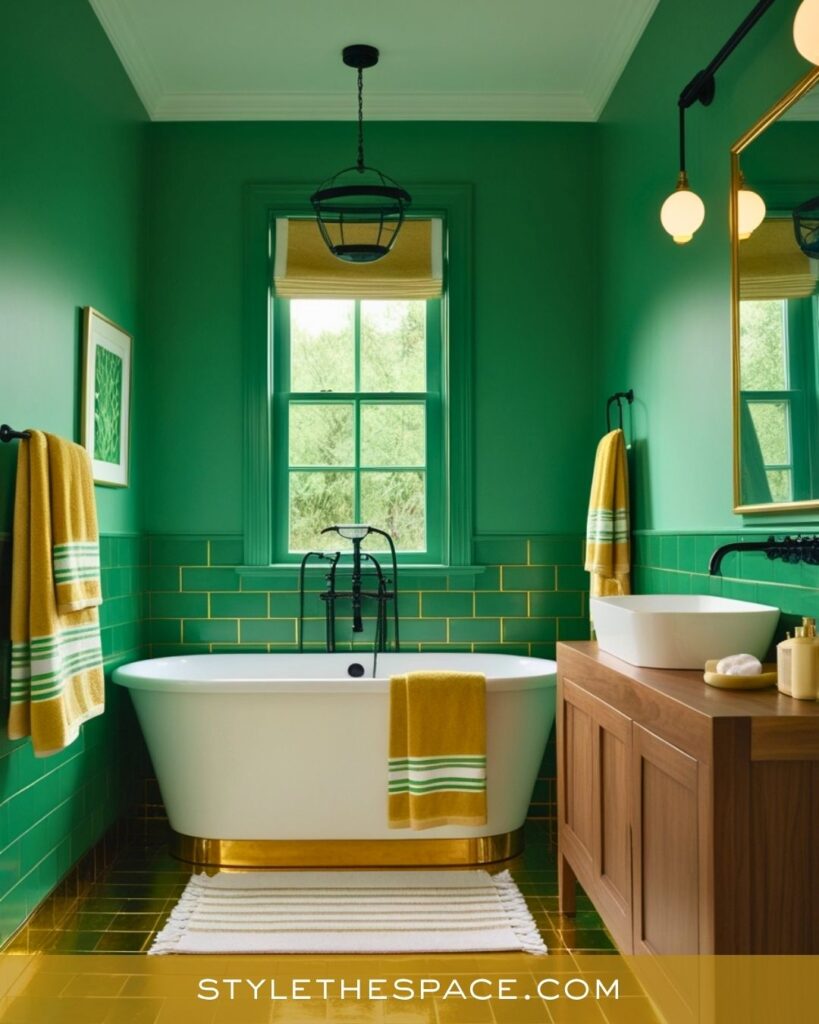 Bold Green and Gold Bathroom with Retro Warmth