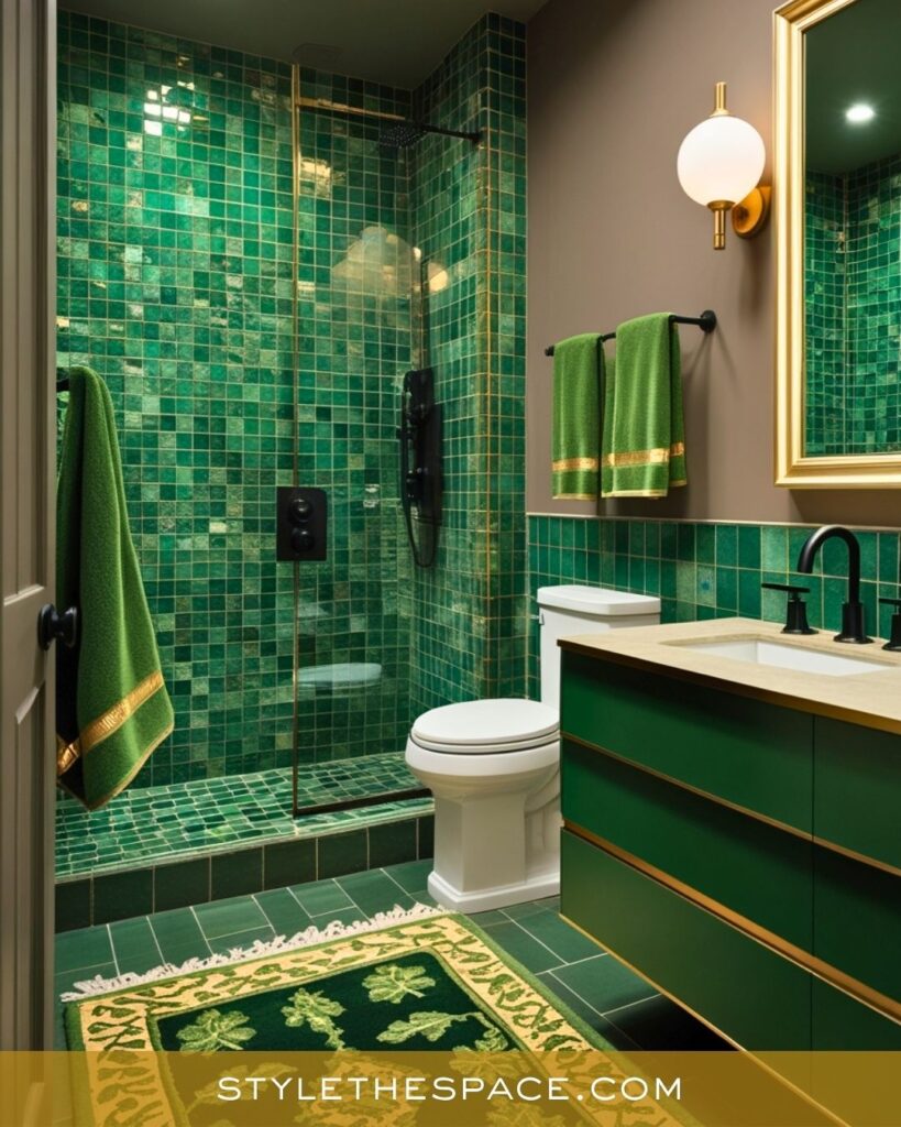 Glamorous Green and Gold Bathroom with Rich Texture