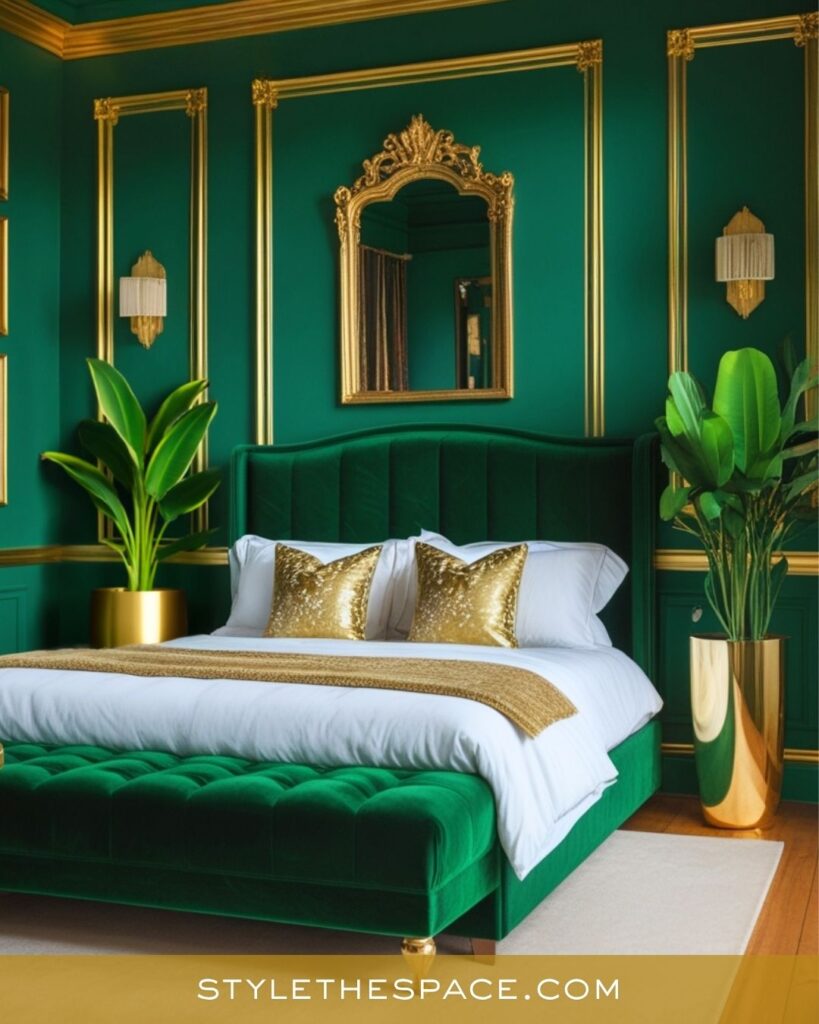 Luxurious Green and Gold Bedroom with Timeless Glamour