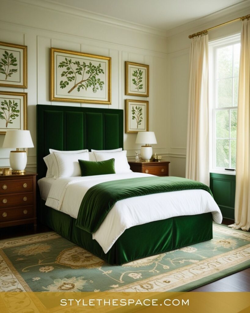Elegant Green and Gold Bedroom with Classic Botanical Style