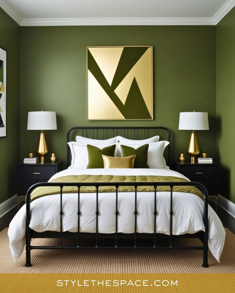Modern Green and Gold Bedroom with Bold Geometric Style