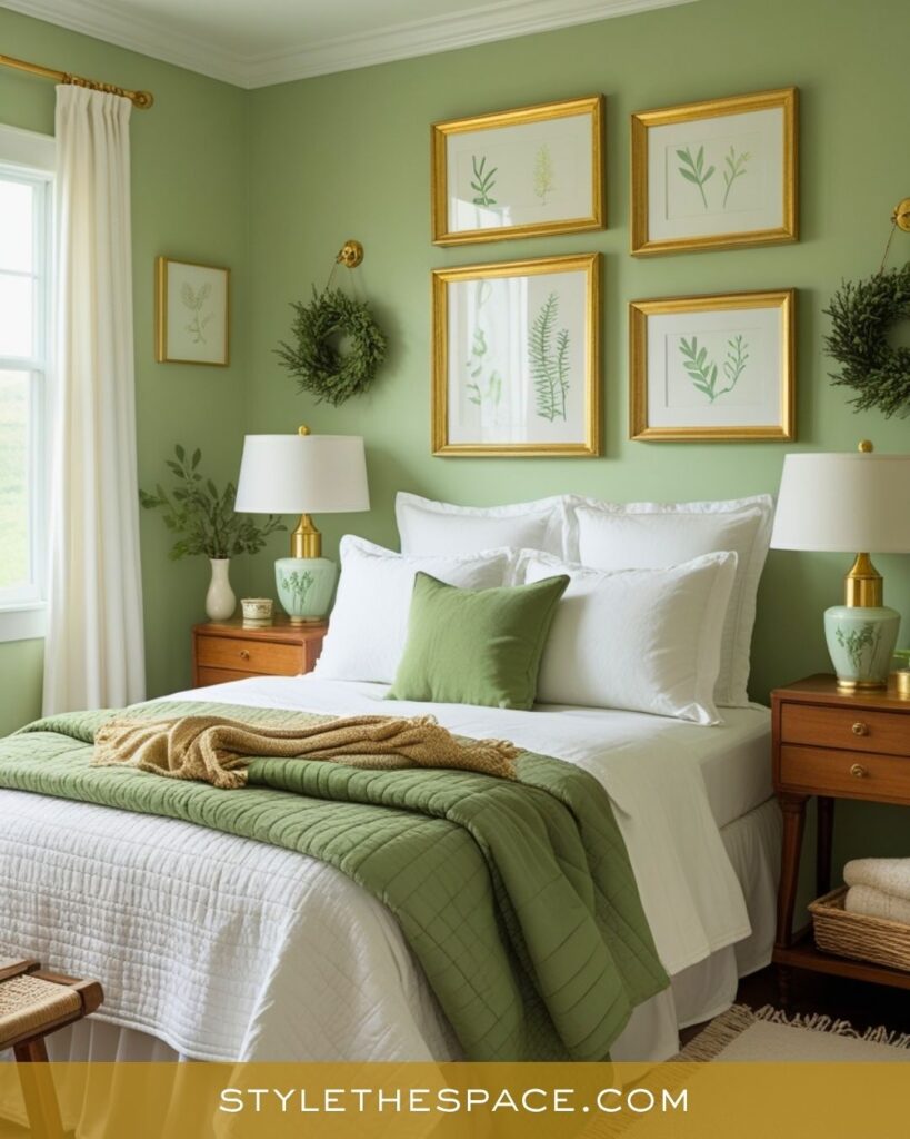 Fresh Green and Gold Bedroom with Natural Botanical Charm