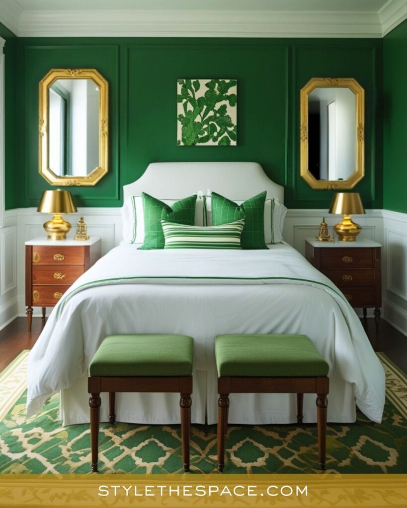 Sophisticated Green and Gold Bedroom with Classic Elegance