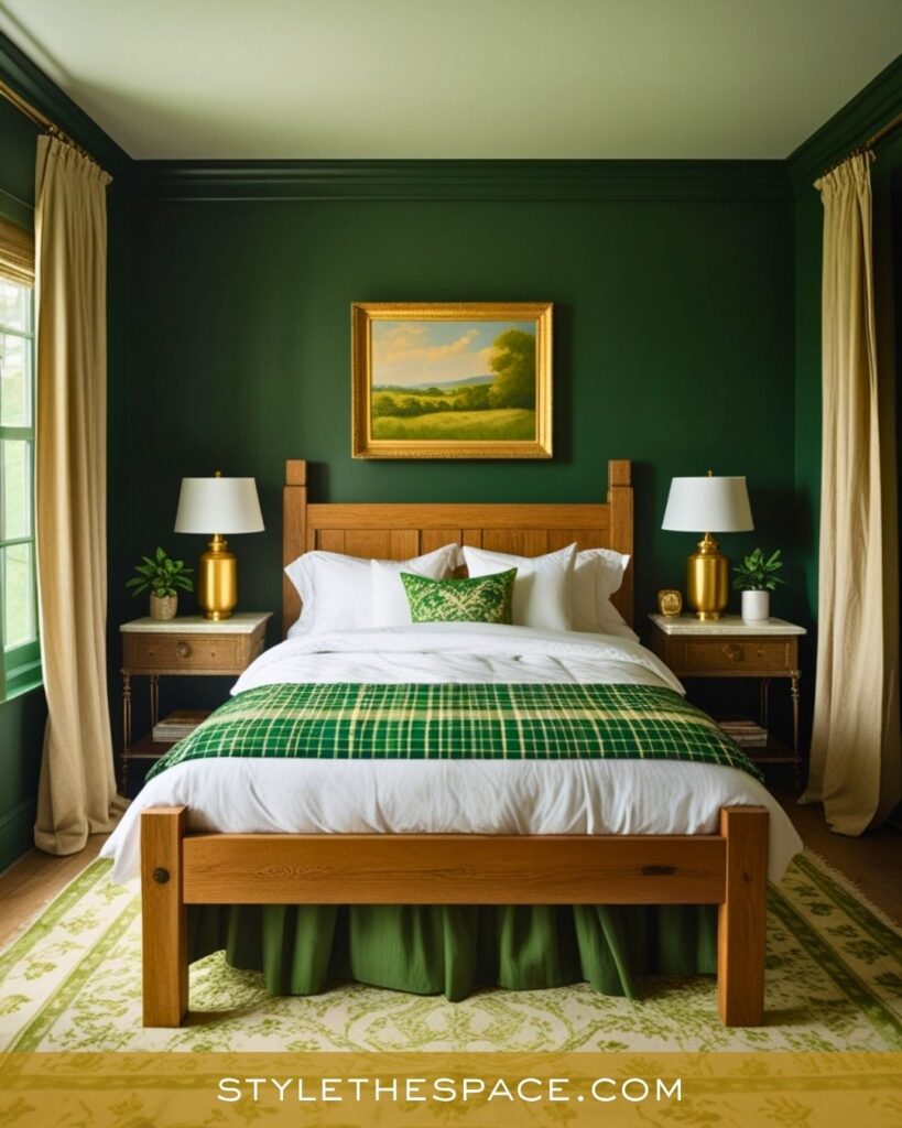 Warm Green and Gold Bedroom with Natural Rustic Charm