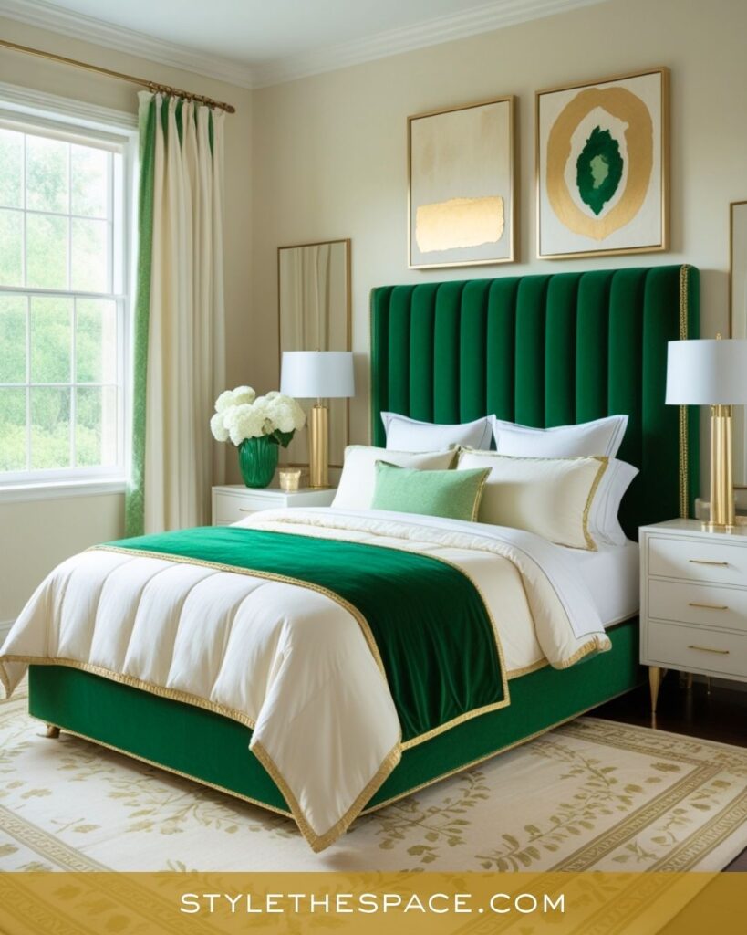 Luxurious Green and Gold Bedroom with Modern Glamour