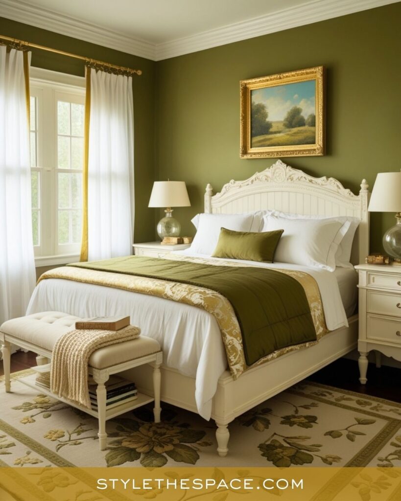 Traditional Green and Gold Bedroom with Timeless Grace