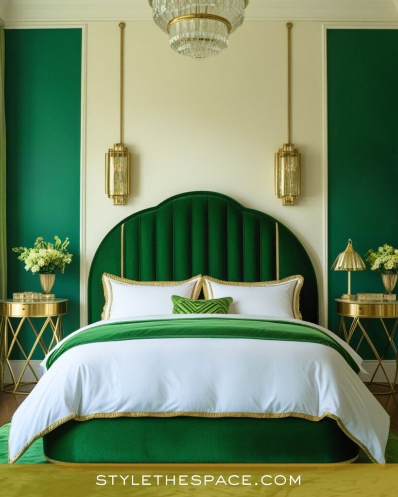 Glamorous Green and Gold Bedroom with Art Deco Elegance