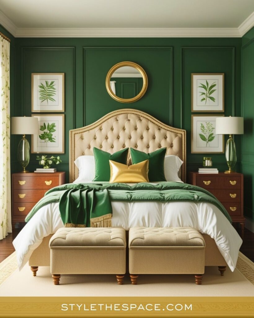 Classic Green and Gold Bedroom with Timeless Sophistication