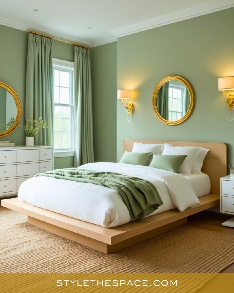 Minimalist Green and Gold Bedroom with Calm Modern Warmth