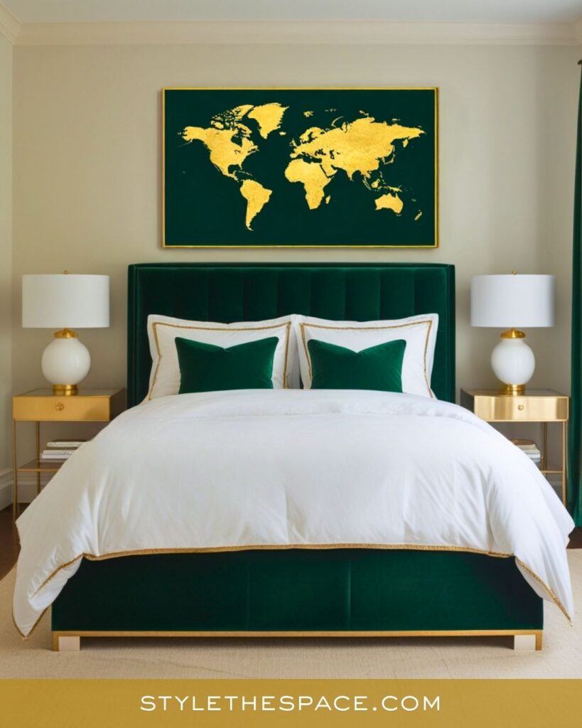 Chic Green and Gold Bedroom with a Modern Global Touch