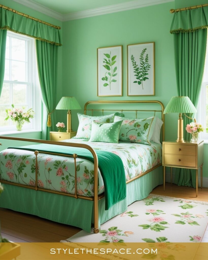 Playful Green and Gold Bedroom with a Fresh Floral Touch