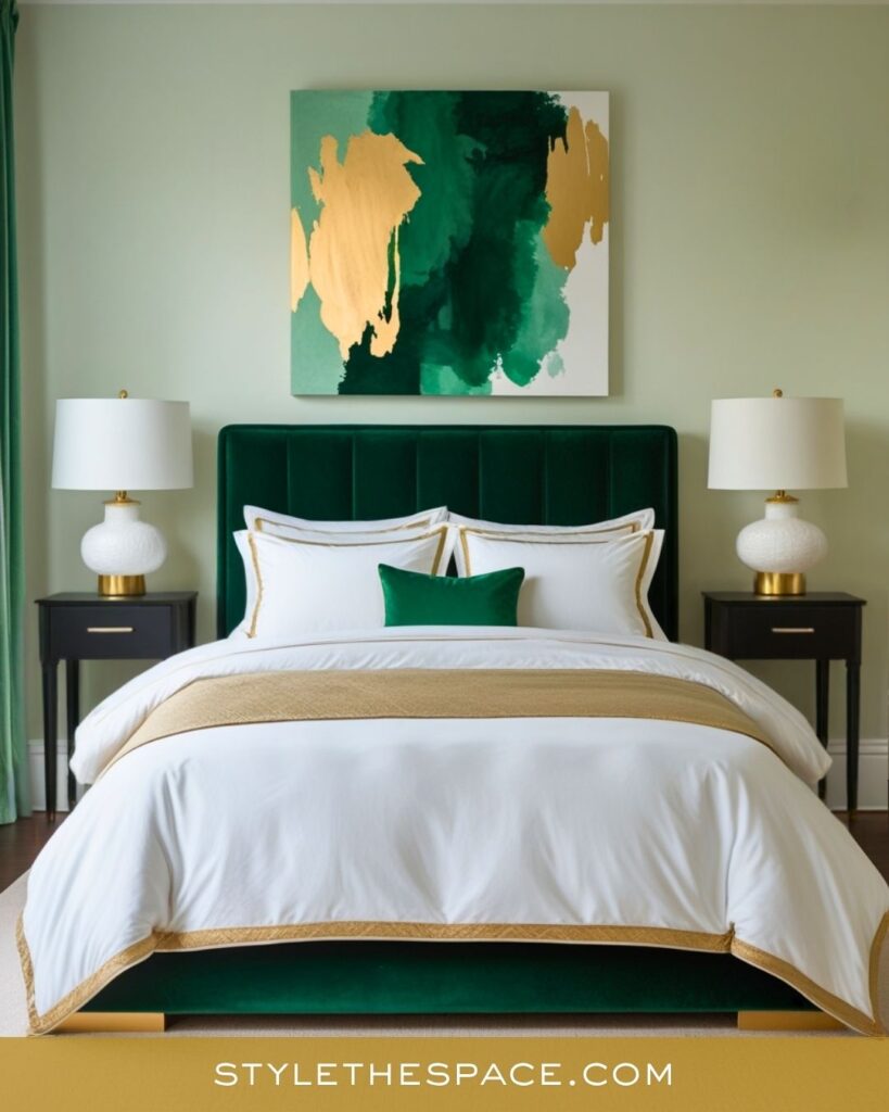 Chic Green and Gold Bedroom with Modern Elegance