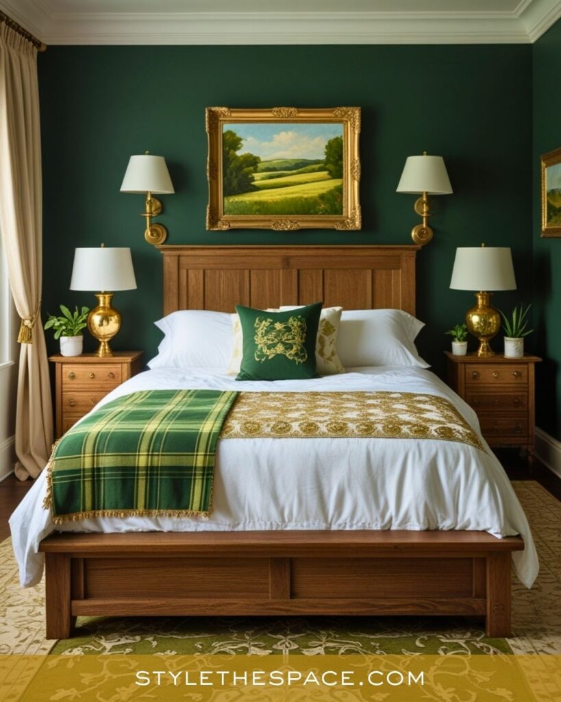 Elegant Green and Gold Bedroom with Classic Warmth