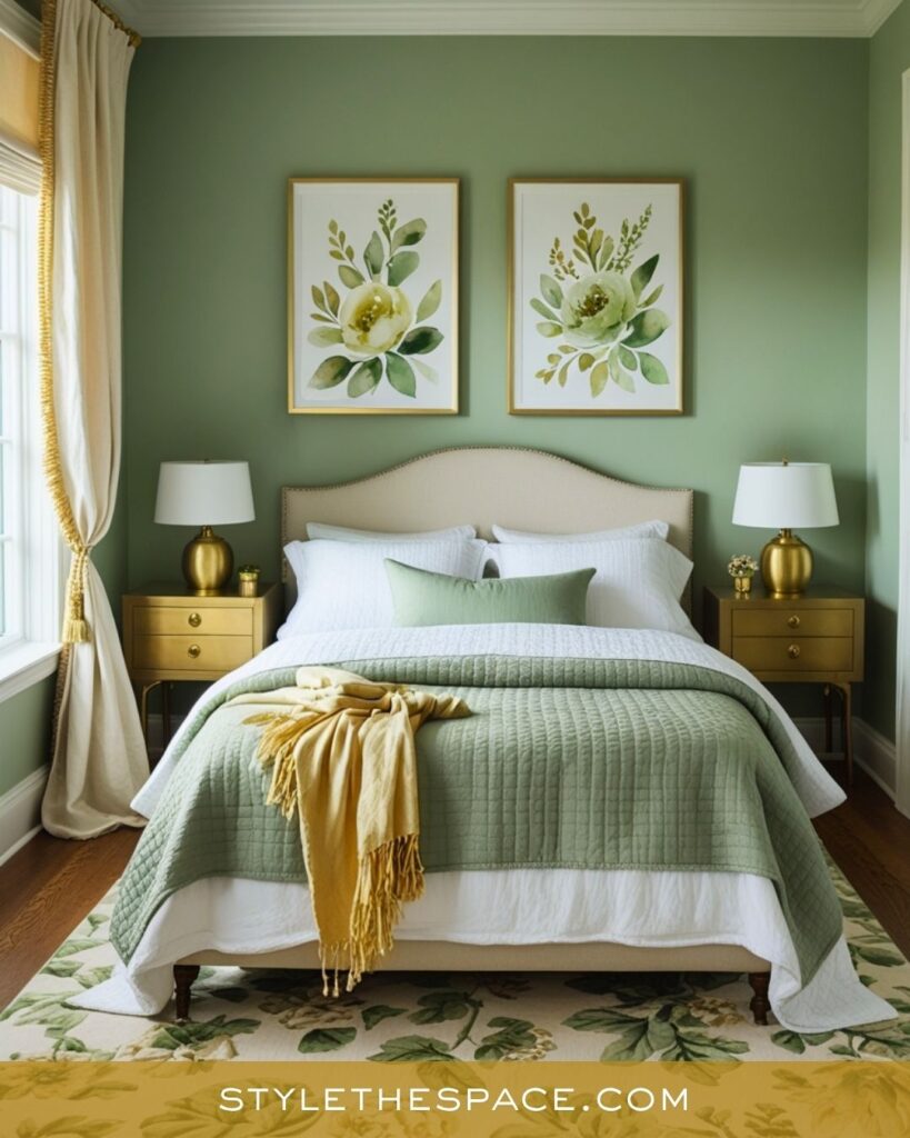 Soft Green and Gold Bedroom with Serene Natural Elegance