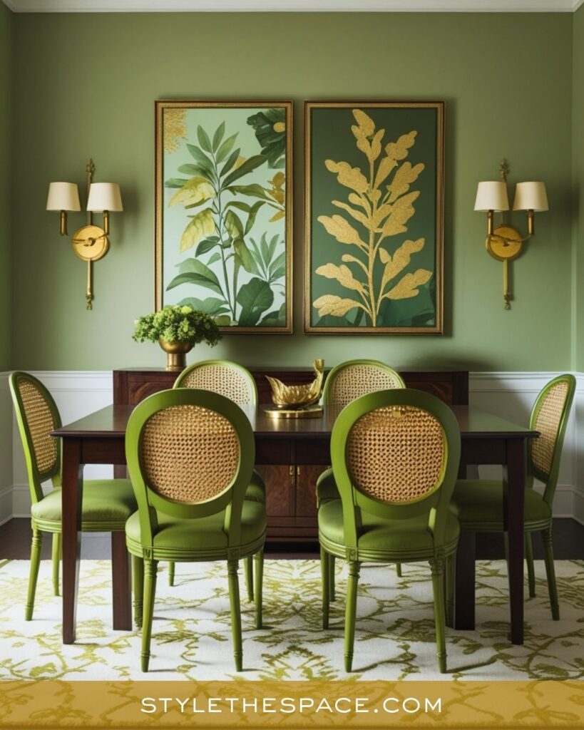 Nature-Inspired Green and Gold Dining Room with Fresh Elegance