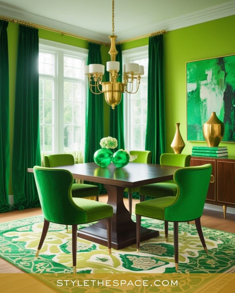 Vibrant Green and Gold Dining Room with Modern Luxury