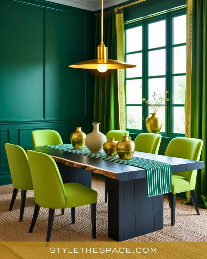 Bold Green and Gold Dining Room with Contemporary Edge