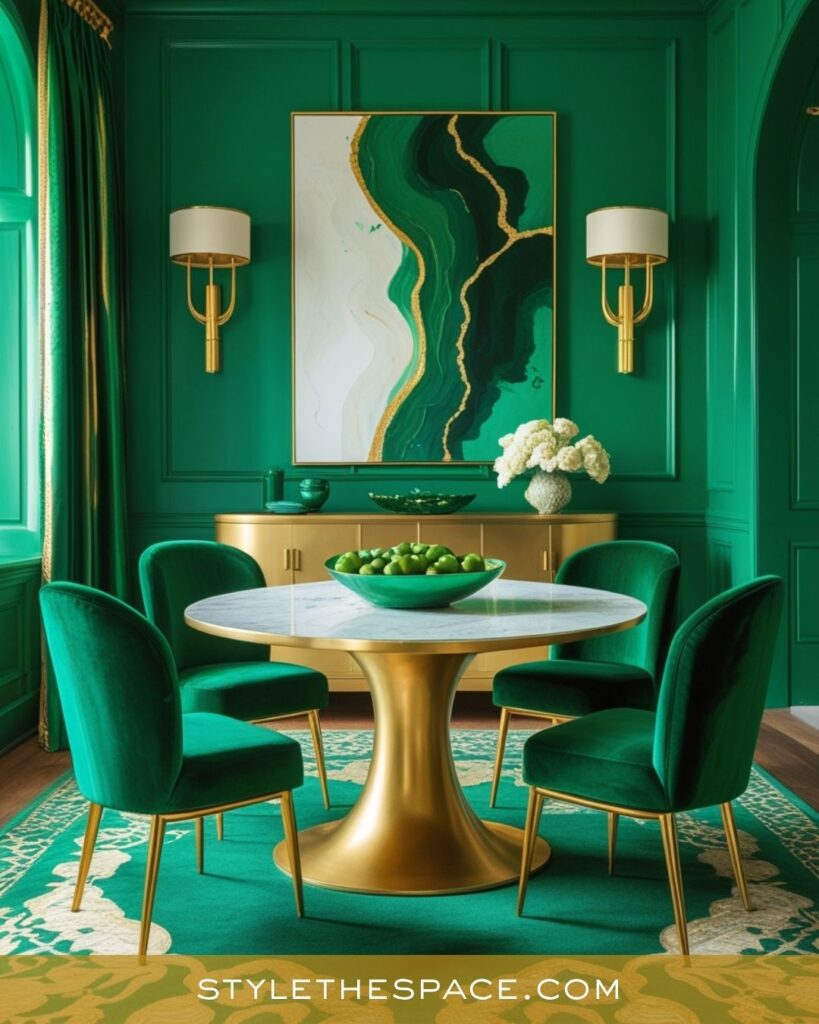 Elegant Green and Gold Dining Room with Art-Inspired Luxury