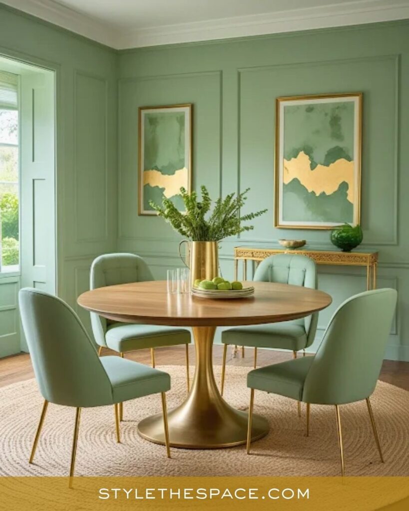 Soft Green and Gold Dining Room with Modern Simplicity