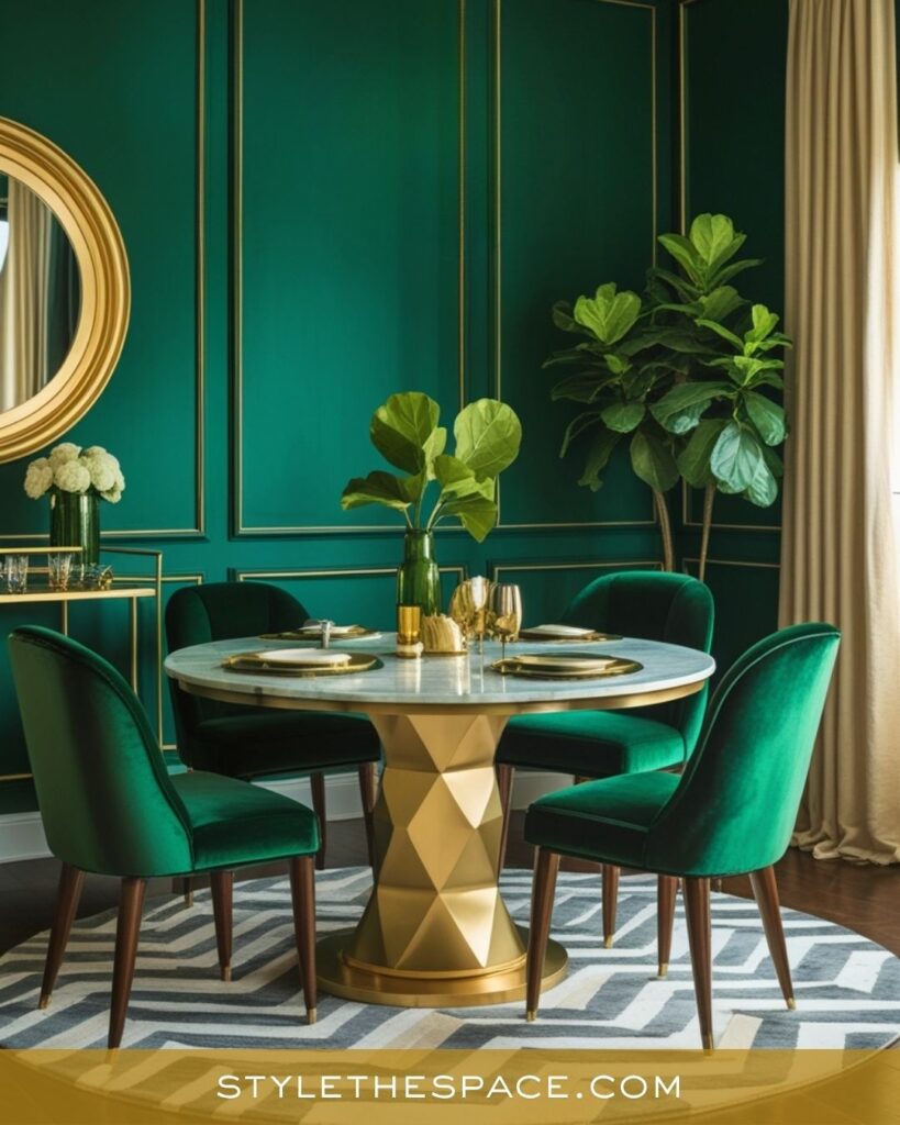 Modern Emerald and Gold Dining Room with Polished Elegance