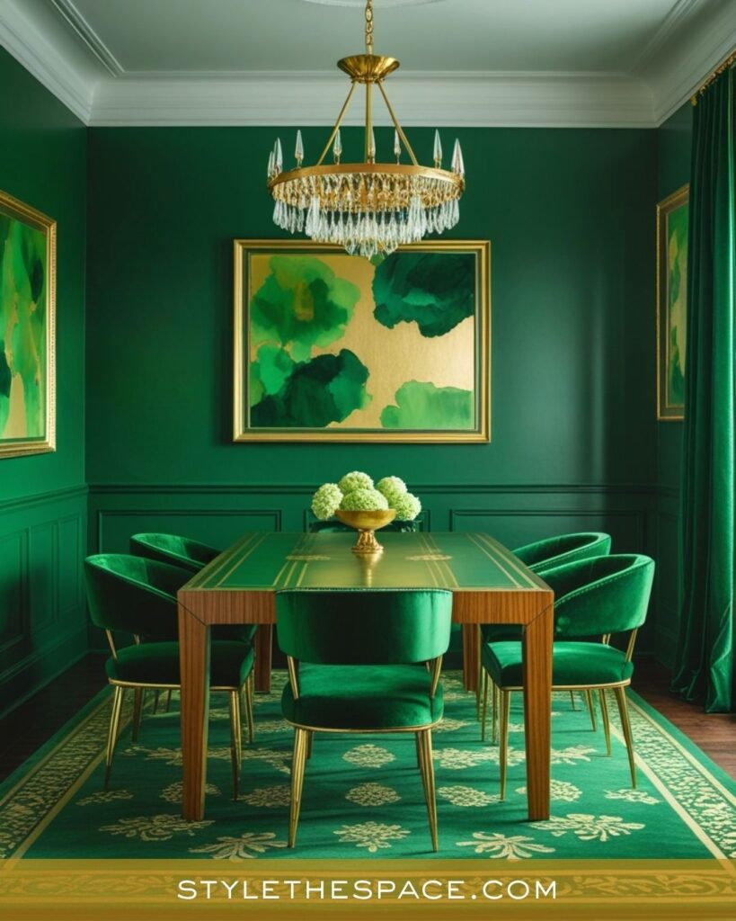 Opulent Green and Gold Dining Room with Artistic Glamour