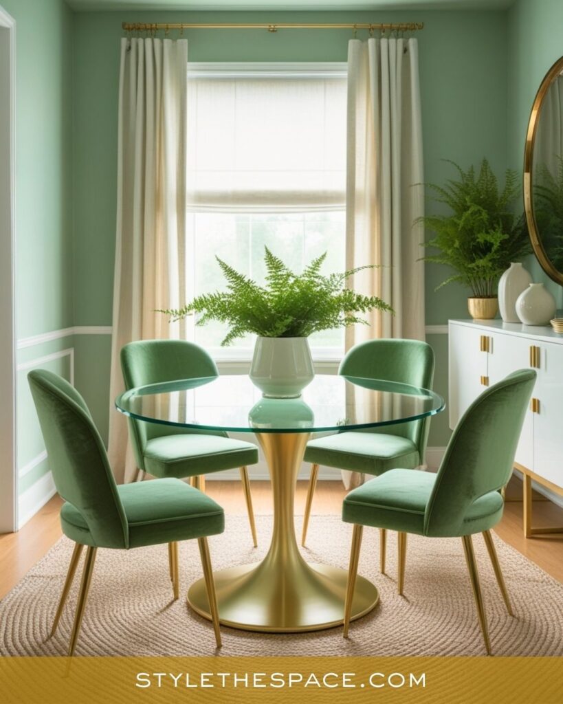 Fresh Green and Gold Dining Room with Minimalist Charm