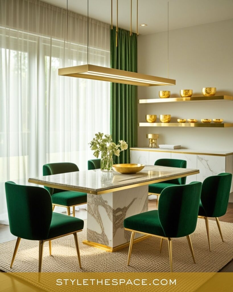 Modern Green and Gold Dining Room with Marble Elegance