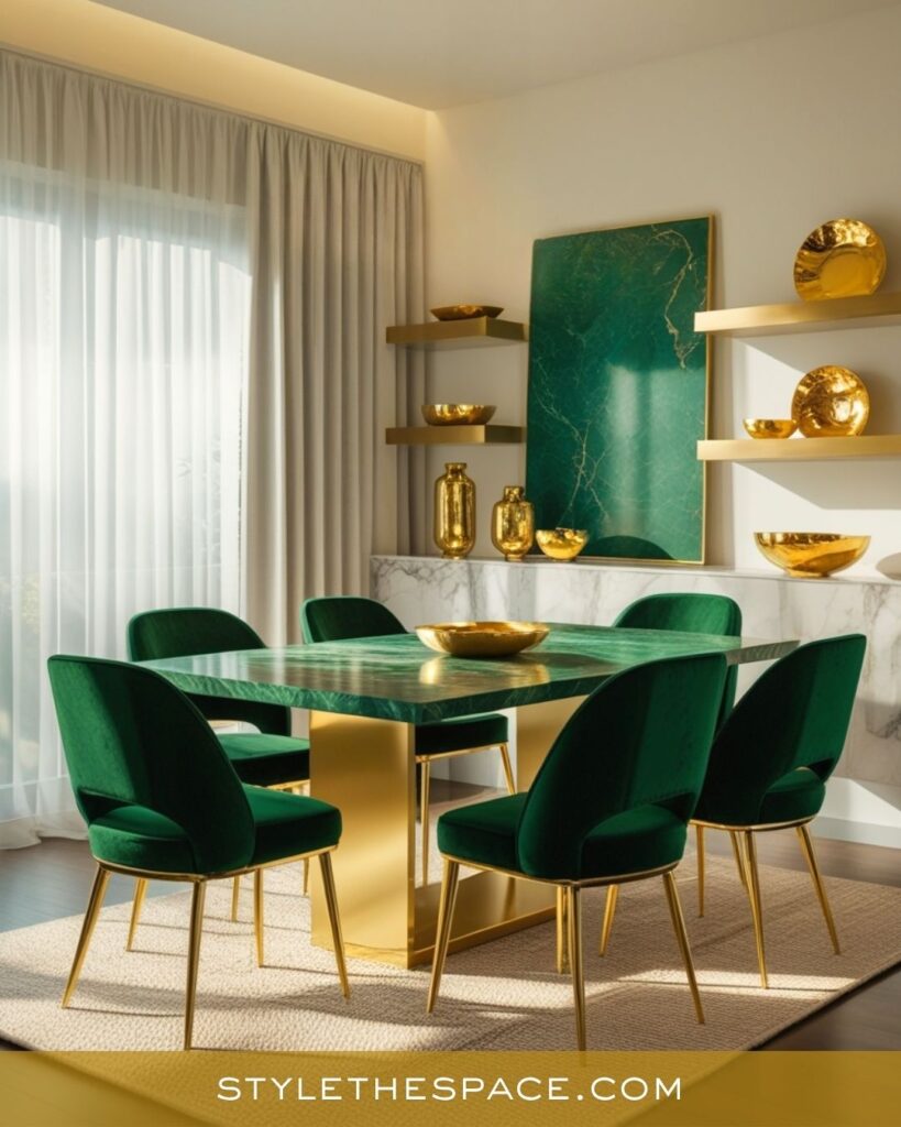 Luxurious Green and Gold Dining Room with Modern Glamour