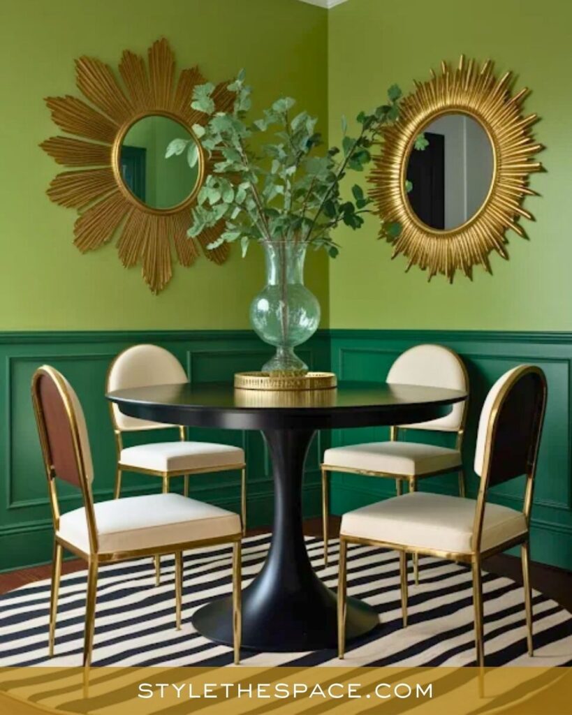 Stylish Green and Gold Dining Room with Art Deco Influence