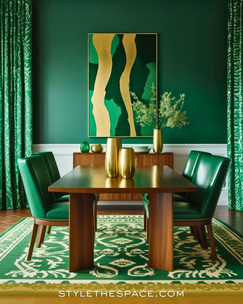 Modern Green and Gold Dining Room with Artistic Elegance
