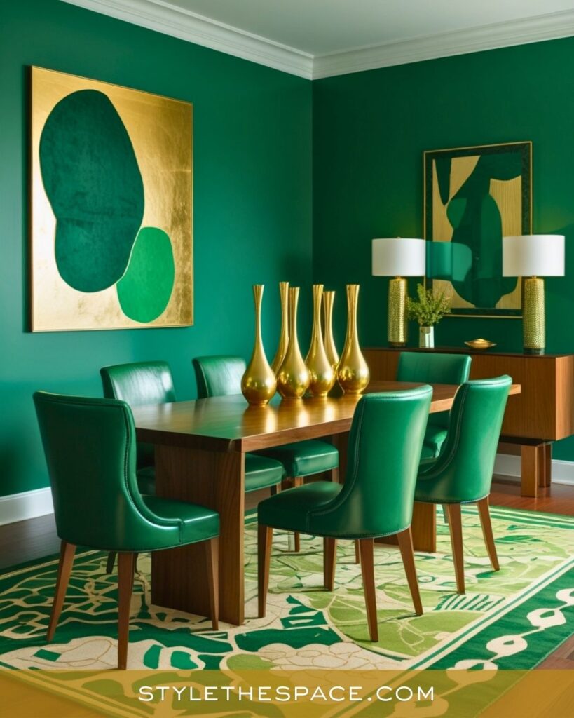 Elegant Green and Gold Dining Room with Modern Sophistication