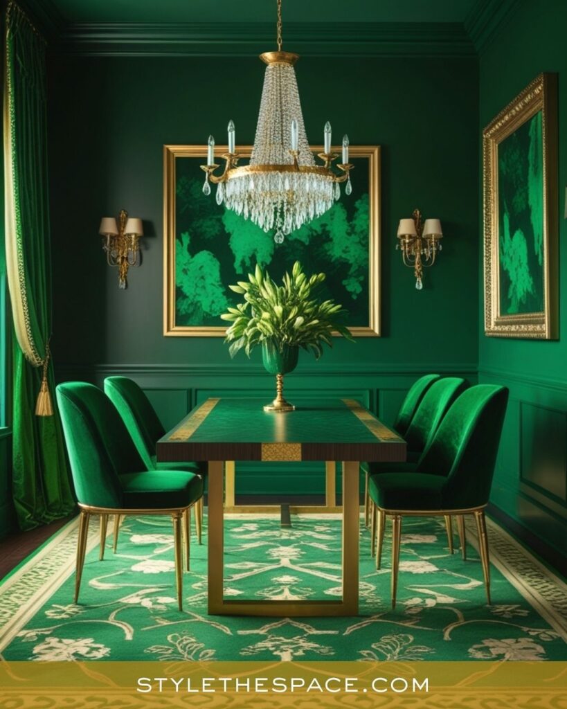 Luxurious Green and Gold Dining Room with Classic Grandeur