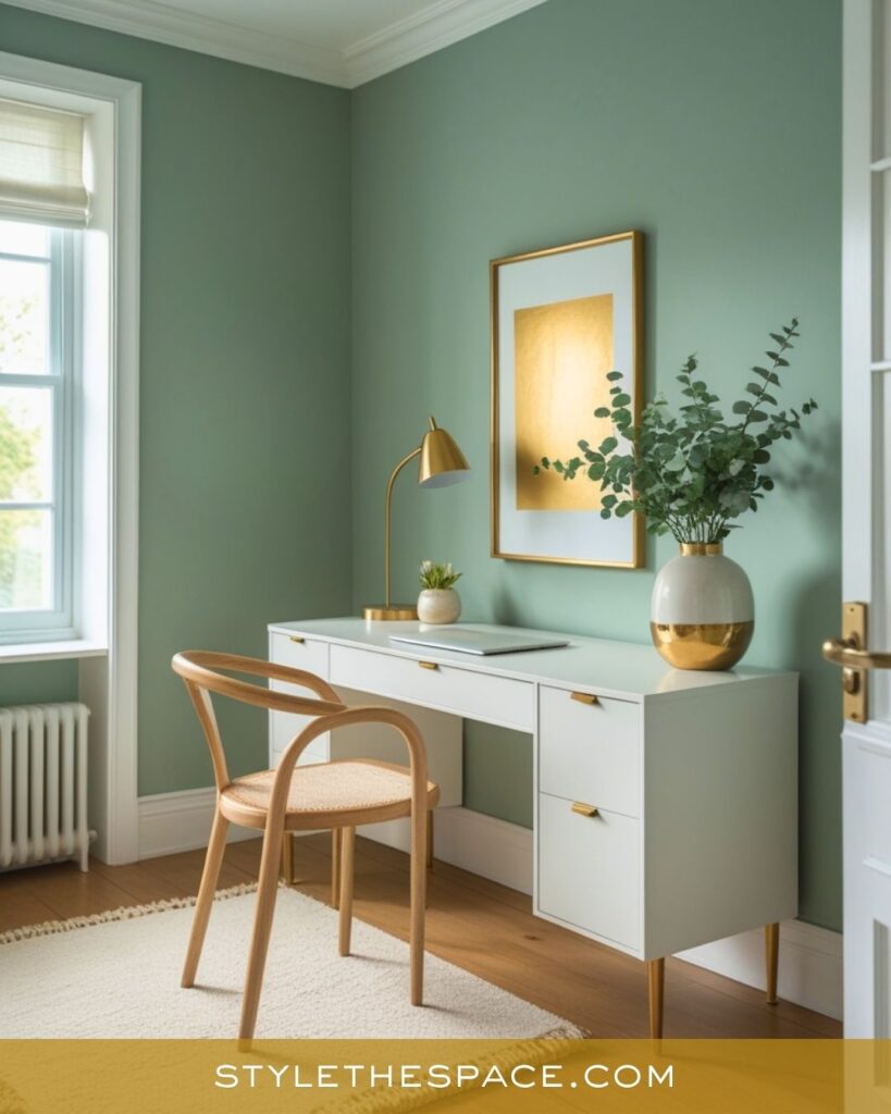 Minimal Sage Green and Gold Home Office Design
