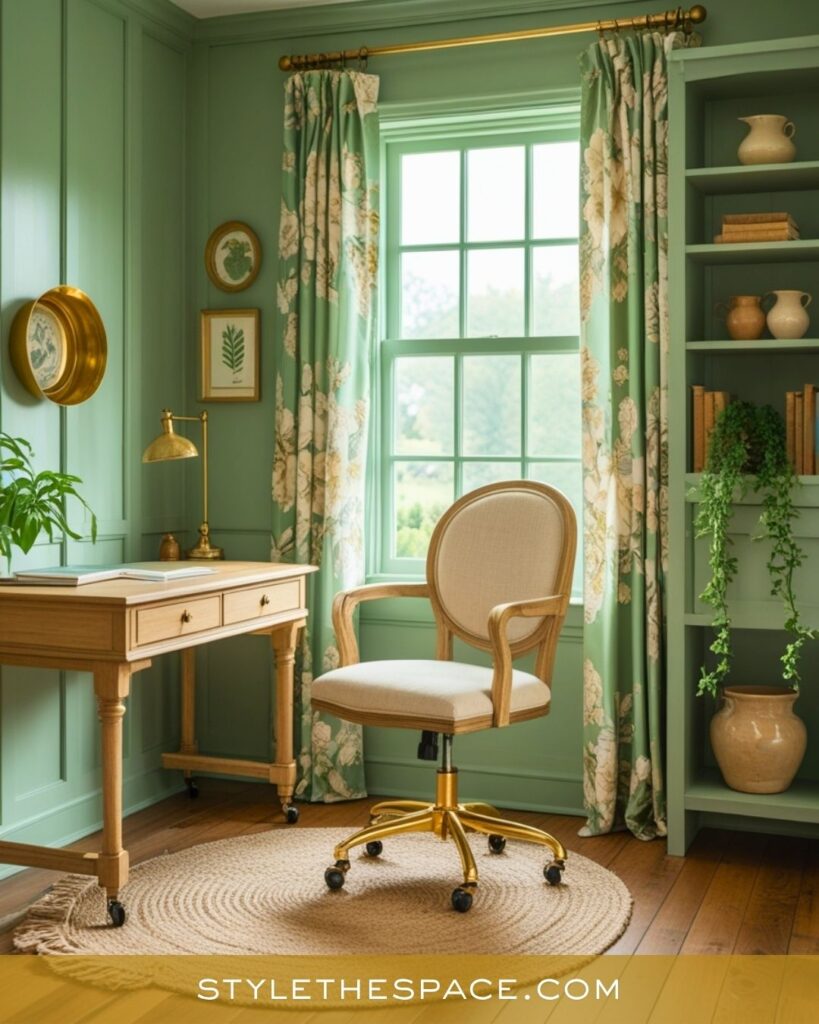 Vintage-Inspired Green and Gold Home Office