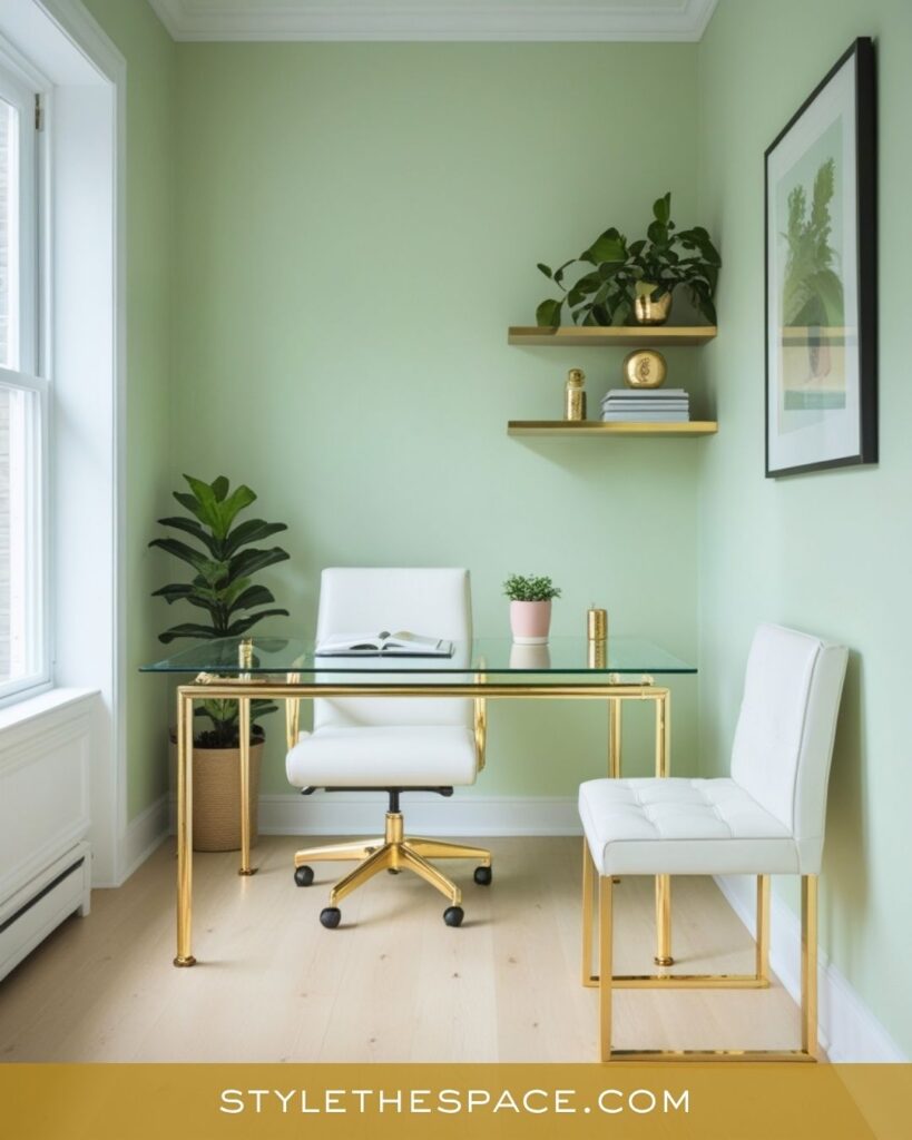 Minimal Light Green and Gold Home Office