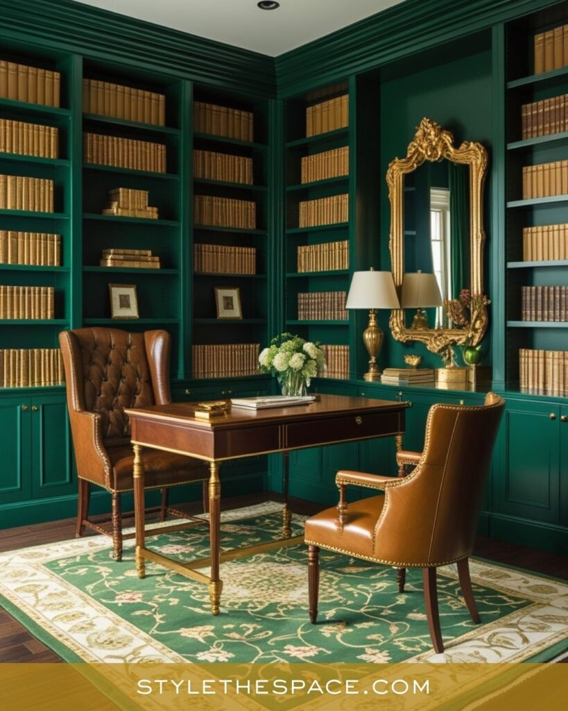 Classic Green and Gold Home Office with Vintage Charm