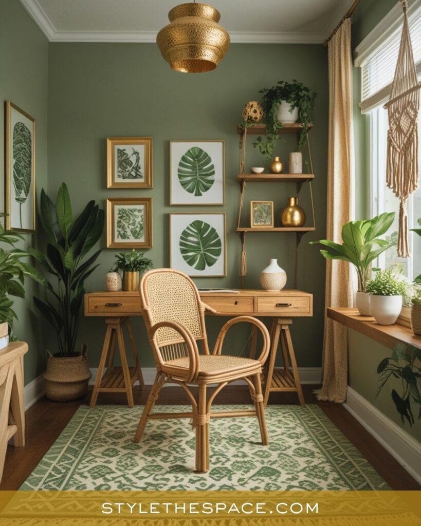 Bohemian Green and Gold Home Office Design