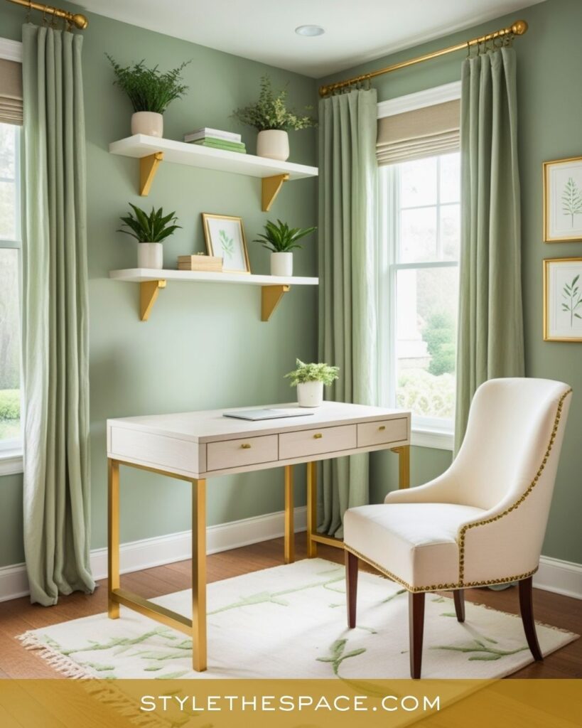 Soft Green and Gold Home Office Design