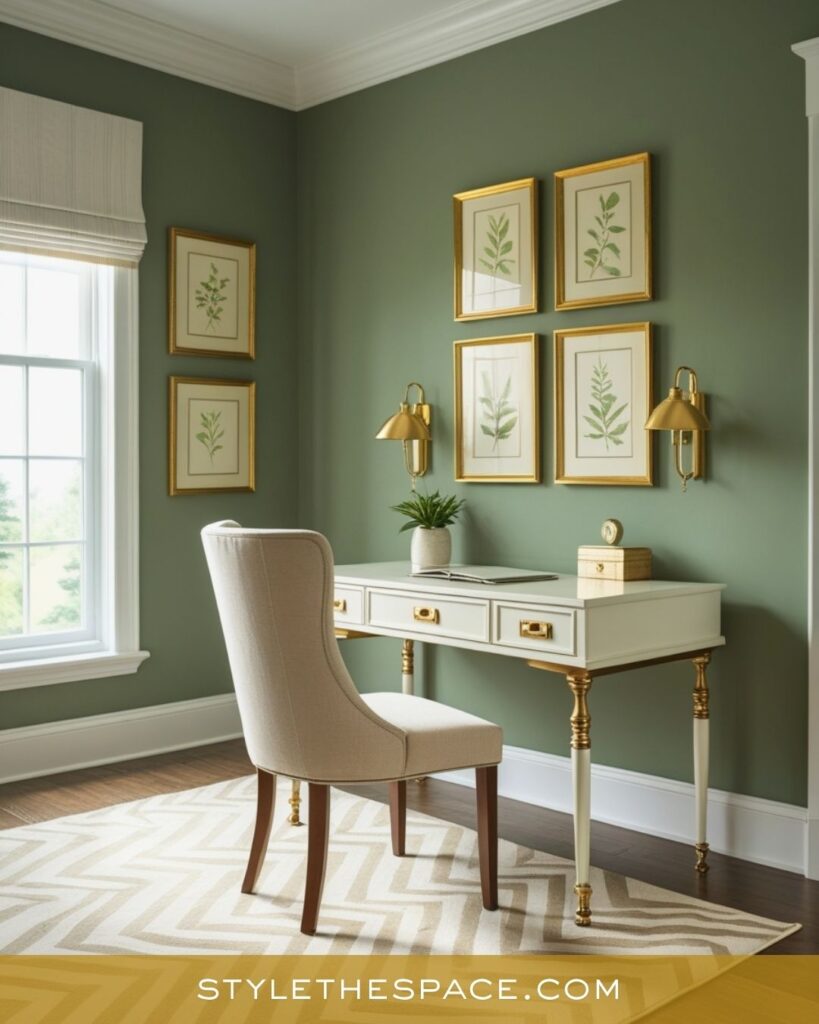 Refined Sage Green and Gold Home Office Design