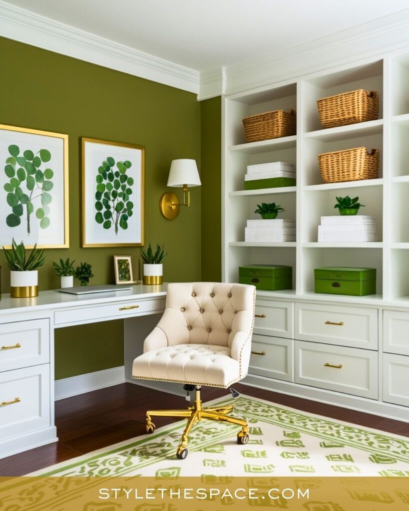 Chic Olive Green and Gold Home Office Design