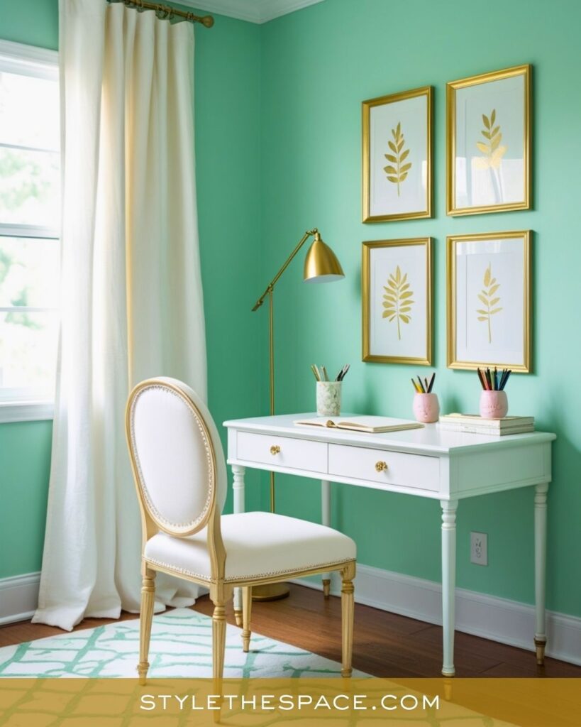 Bright Mint Green and Gold Home Office Design