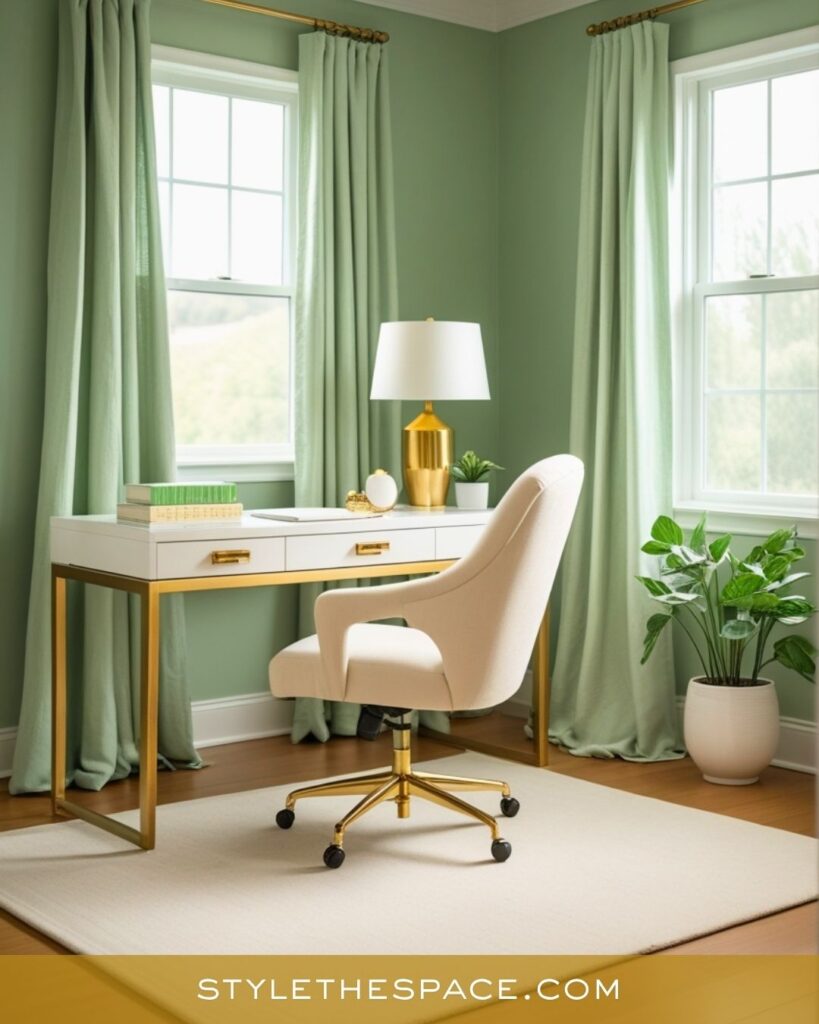 Soft Sage Green and Gold Home Office Design