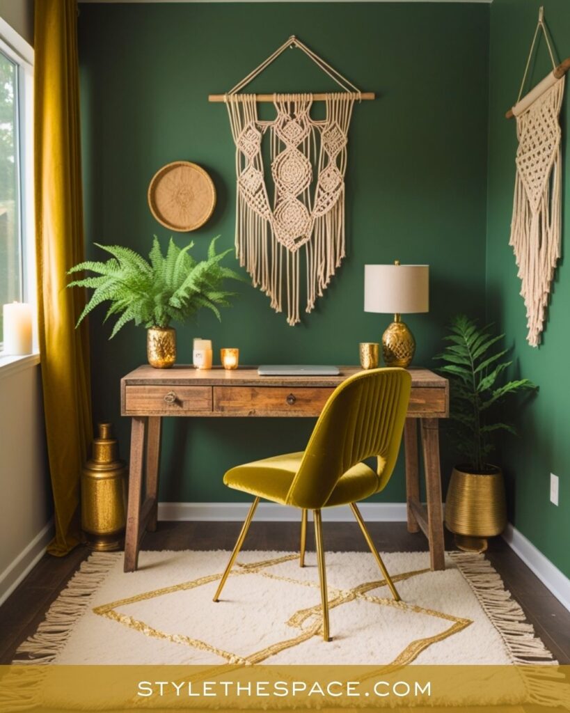 Boho Green and Gold Home Office Design