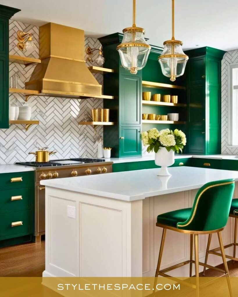 Chic Green and Gold Kitchen with Modern Glam