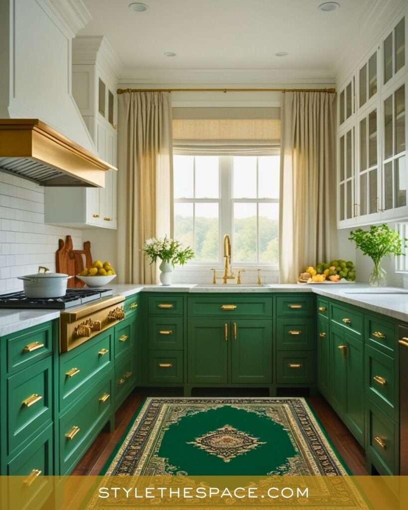 Elegant Green and Gold Kitchen with Classic Charm