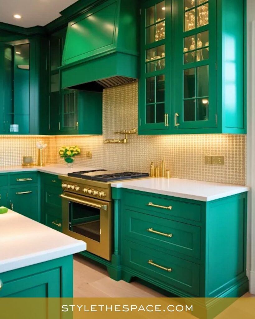 Bold Green and Gold Kitchen with Contemporary Flair