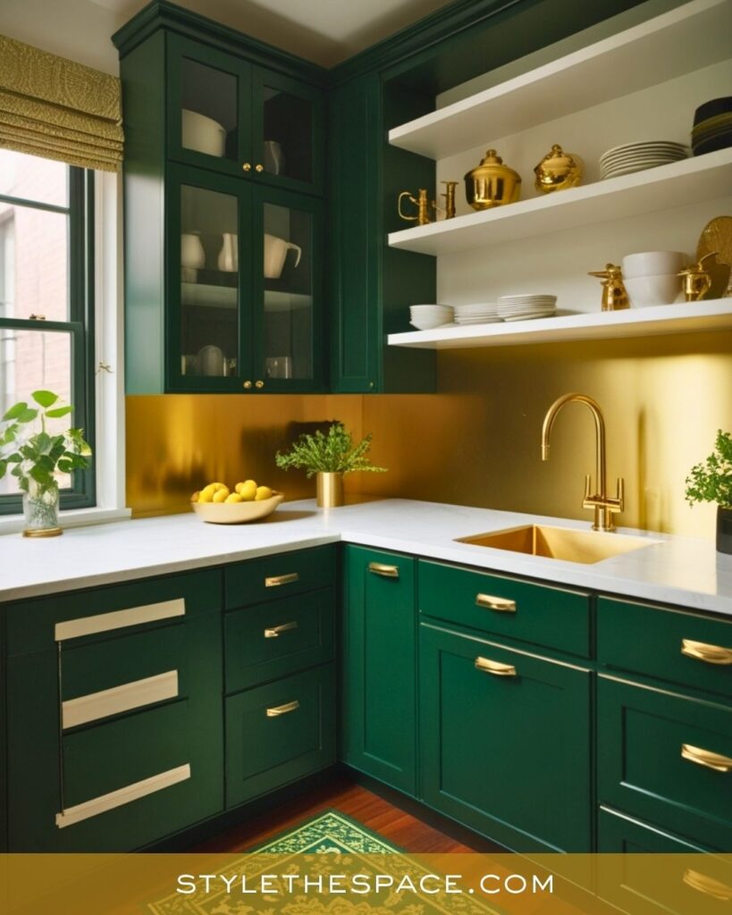 Sophisticated Green and Gold Kitchen with Modern Warmth
