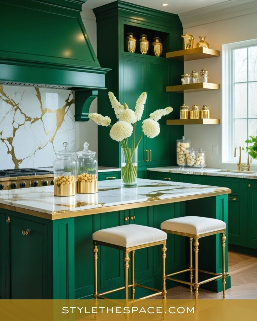 Elegant Green and Gold Kitchen with Luxe Details