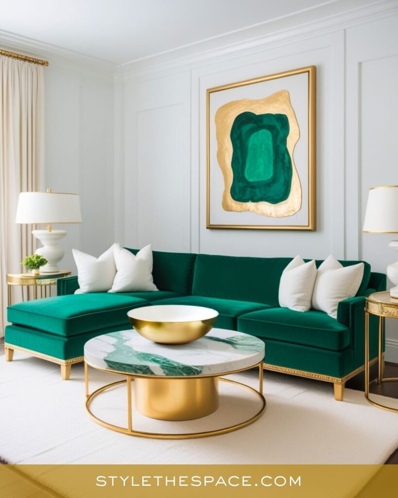 Modern Emerald and Gold Living Room Design